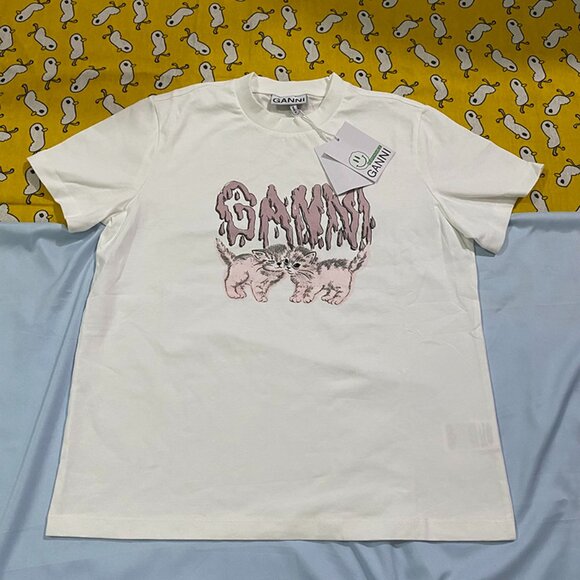 Ganni Tops - Ganni White Short-Sleeved T-Shirt With Kitten Pattern